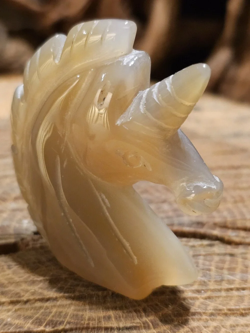 Carved Agate Unicorn Head Figurine in Semi-Translucent Beige With Druzy Crystal